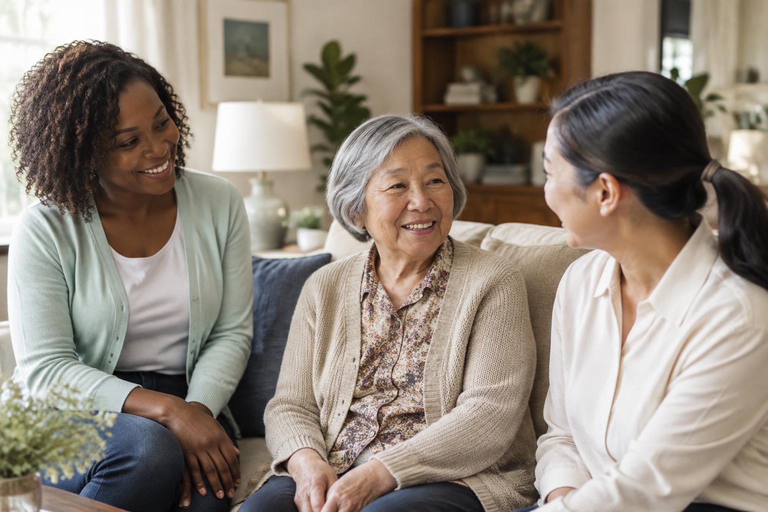 Black and Filipino caregivers with an older Asian resident