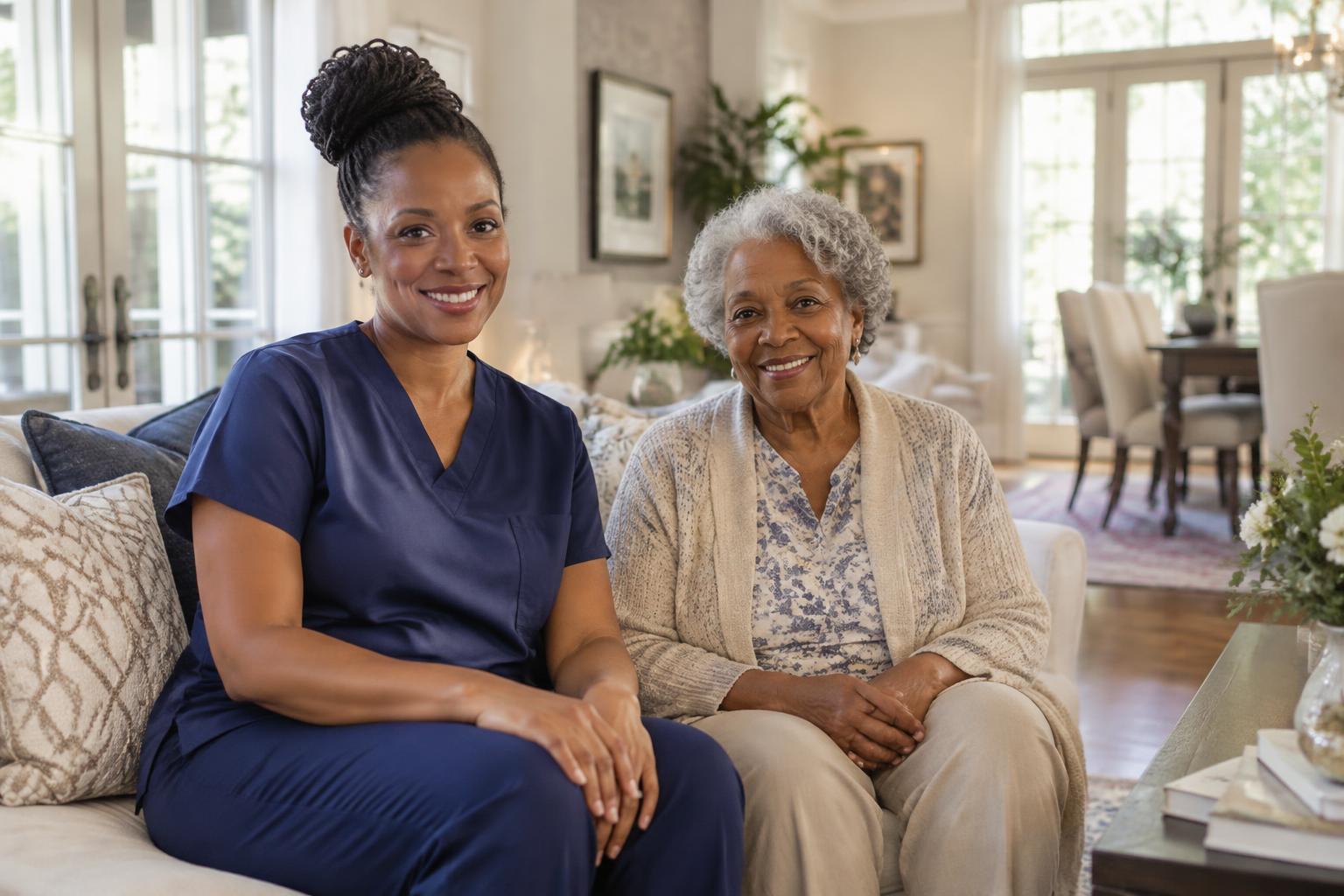 A Black woman nurse beside an older Black woman in a bright home