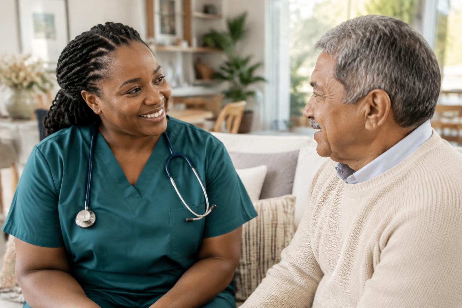 Representative image of a Black woman nurse talking with an older Latino man