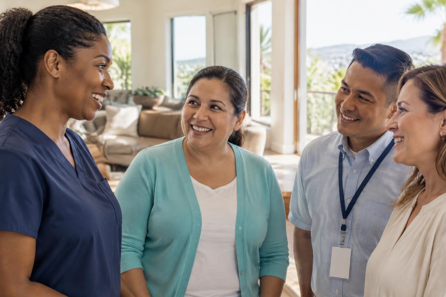 A Black woman nurse with a diverse care and support team